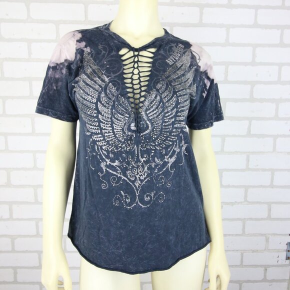 Affliction Womens T-Shirt Medium Embellished Wings Graphic Woven Cutout Grey Y2K - Picture 1 of 12